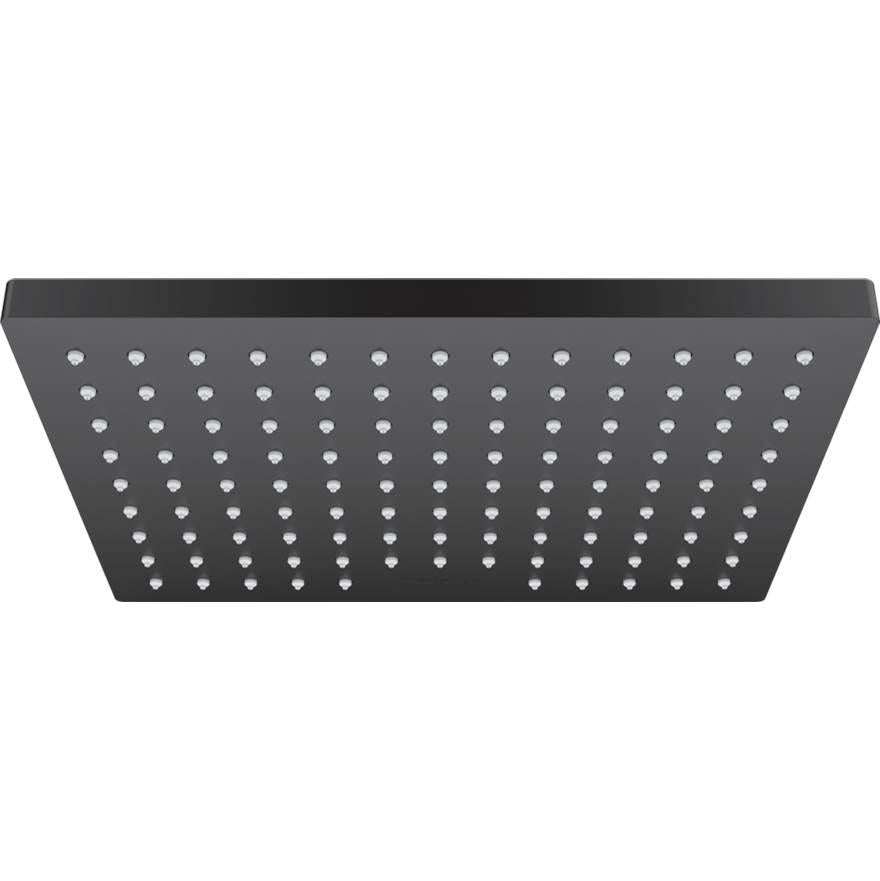 Matte black rectangular shower head with multiple small spray jets arranged in rows across the surface.