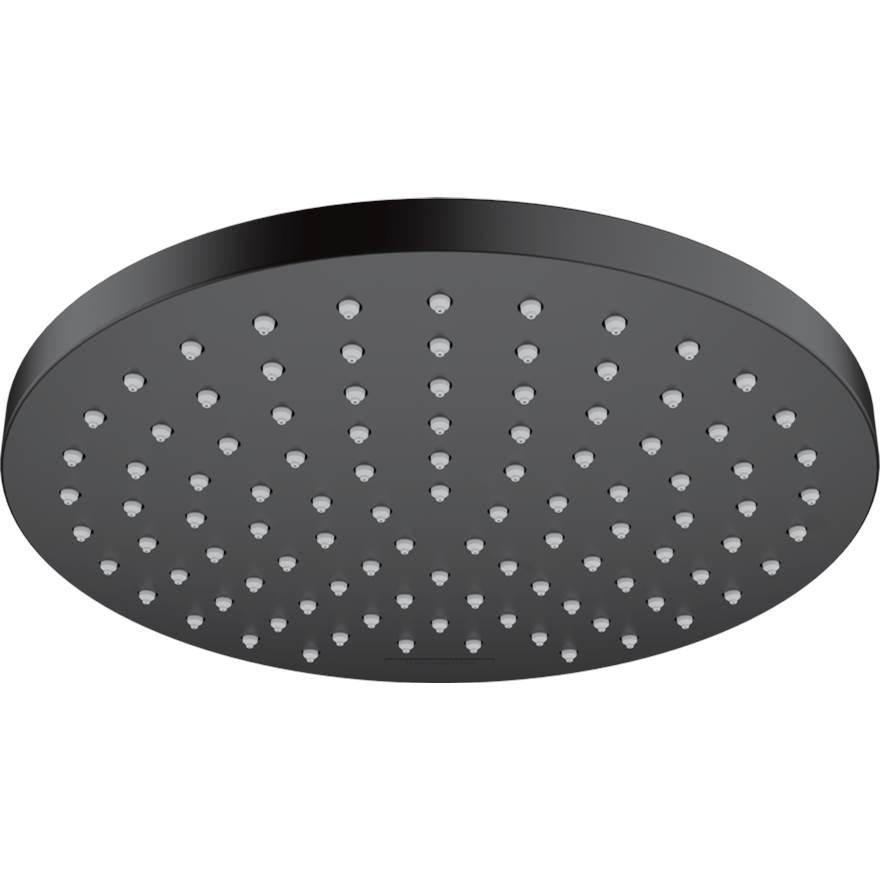 Matte black round shower head with multiple small spray jets distributed across flat circular face.