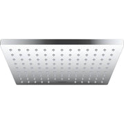 Chrome rectangular shower head with multiple spray jets arranged in grid pattern across face.