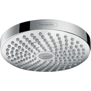 Chrome round shower head with multiple spray jets and Hansgrohe branding on rim.