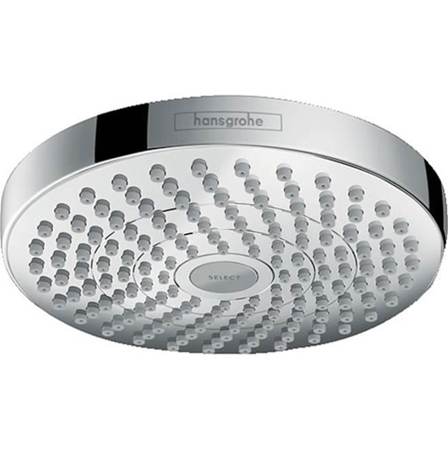 Chrome round shower head with multiple spray jets and Hansgrohe branding on rim.