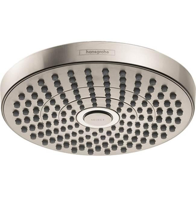 Brushed nickel round shower head with multiple spray jets arranged in concentric circles and Hansgrohe branding.