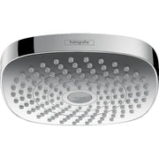 Chrome oval shower head with multiple spray jets and Select control button in center.