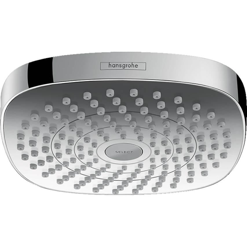 Chrome oval shower head with multiple spray jets and Select control button in center.