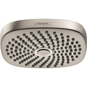 Brushed nickel oval shower head with multiple spray jets arranged in concentric circles and SELECT control button in center.