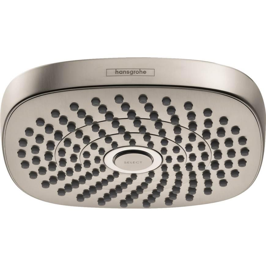 Brushed nickel oval shower head with multiple spray jets arranged in concentric circles and SELECT control button in center.