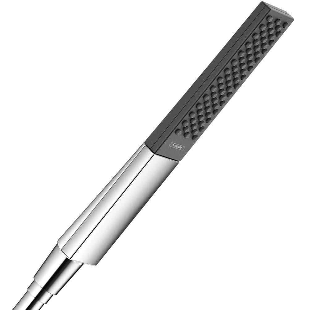 Chrome handheld showerhead with black textured grip and perforated spray face.