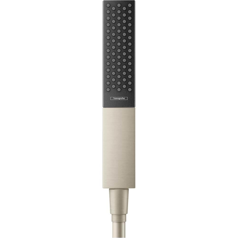 Brushed nickel handheld showerhead with perforated head and cylindrical grip handle connected to supply hose.