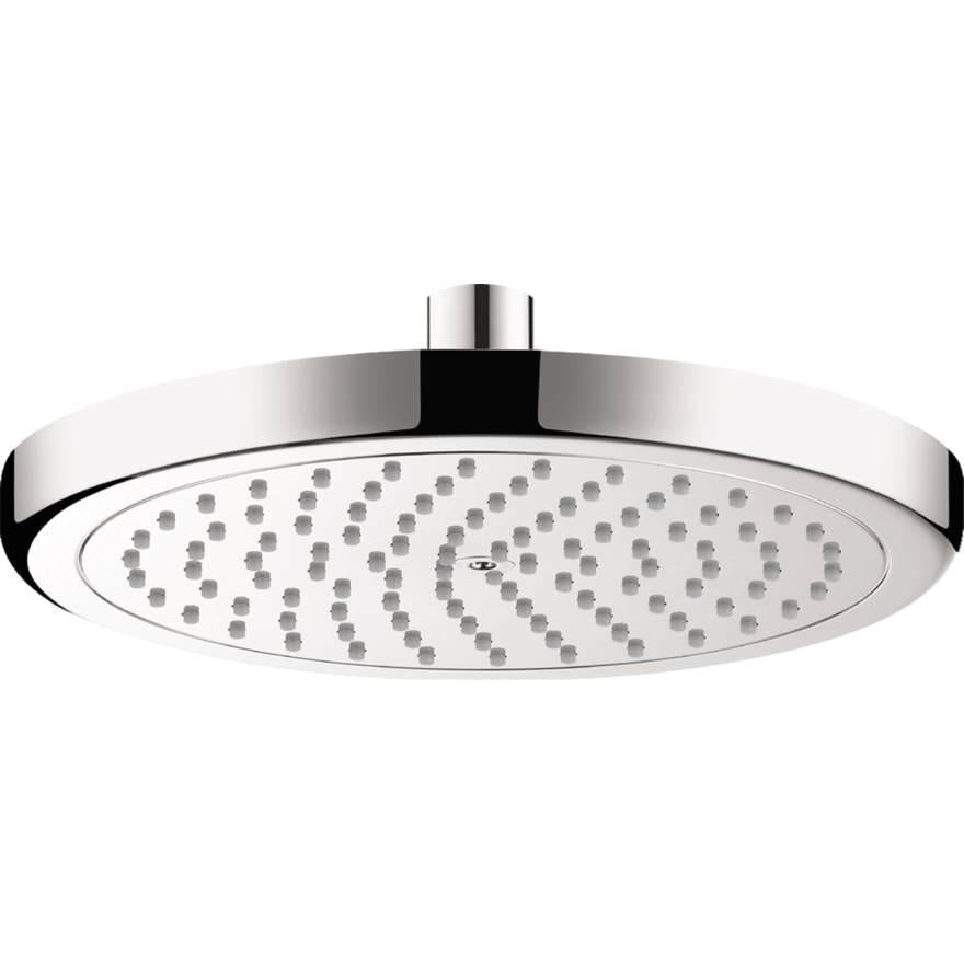 Chrome round shower head with multiple spray jets arranged in circular pattern and center mounting connection.