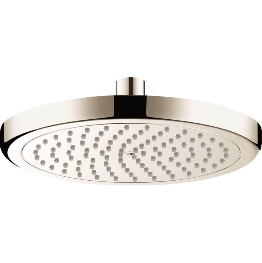 Brushed nickel overhead shower head with round flat face and multiple spray jets distributed across surface.