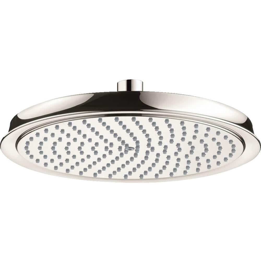 Polished nickel round overhead shower head with multiple spray jets arranged in curved pattern and cylindrical connector.