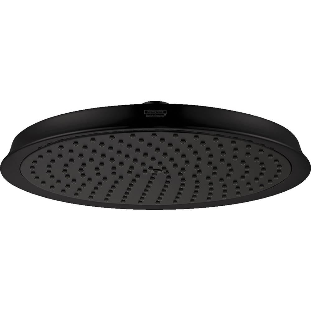 Matte black round shower head with multiple spray jets, mounted ceiling-style with flat face.