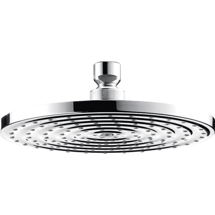 Chrome round rainfall showerhead with centered spray pattern and vertical connector arm.