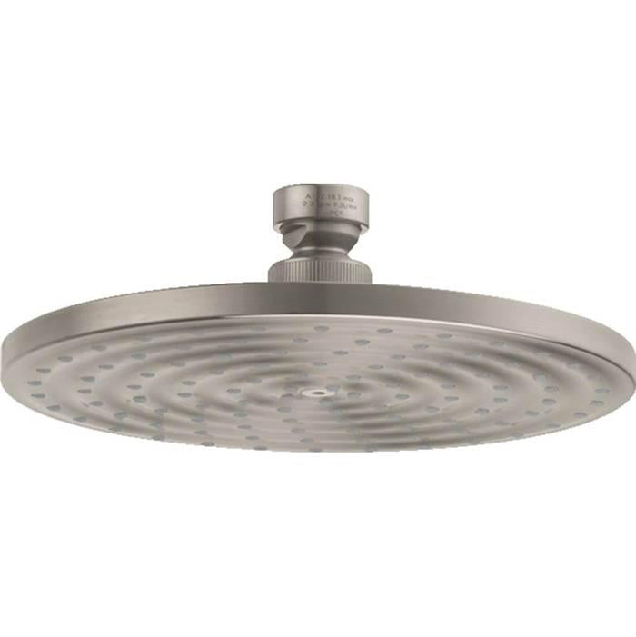Brushed nickel round rainfall shower head with multiple jets and threaded connector on white background.