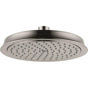 Brushed nickel round overhead shower head with multiple spray jets and ceiling mount connection.
