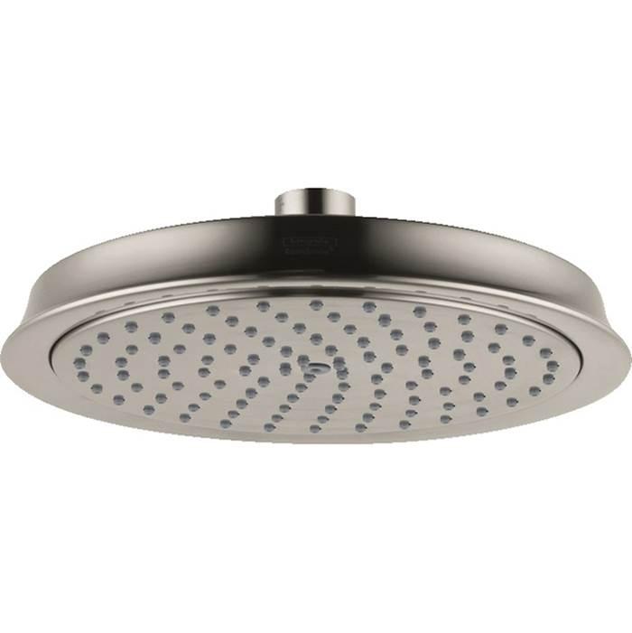 Brushed nickel round overhead shower head with multiple spray jets and ceiling mount connection.