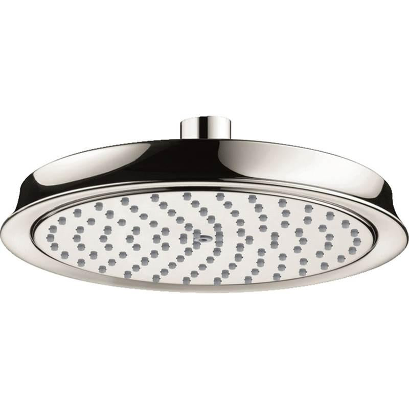 Polished nickel round ceiling mount shower head with multiple spray jets and cylindrical connector.