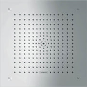 Square chrome shower head with grid pattern of evenly spaced jets and center adjustment dial.