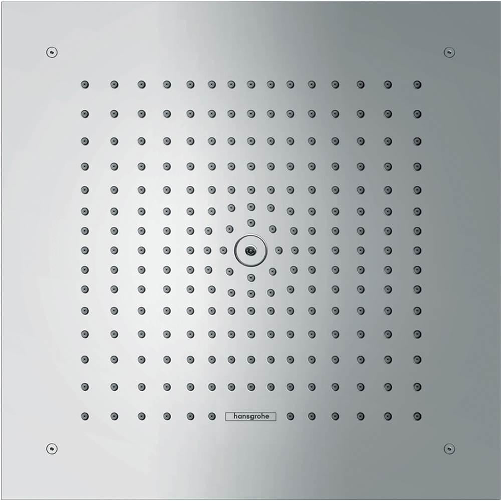 Square chrome shower head with grid pattern of evenly spaced jets and center adjustment dial.