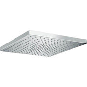 Chrome square rainfall shower head with multiple small circular water jets across the face.