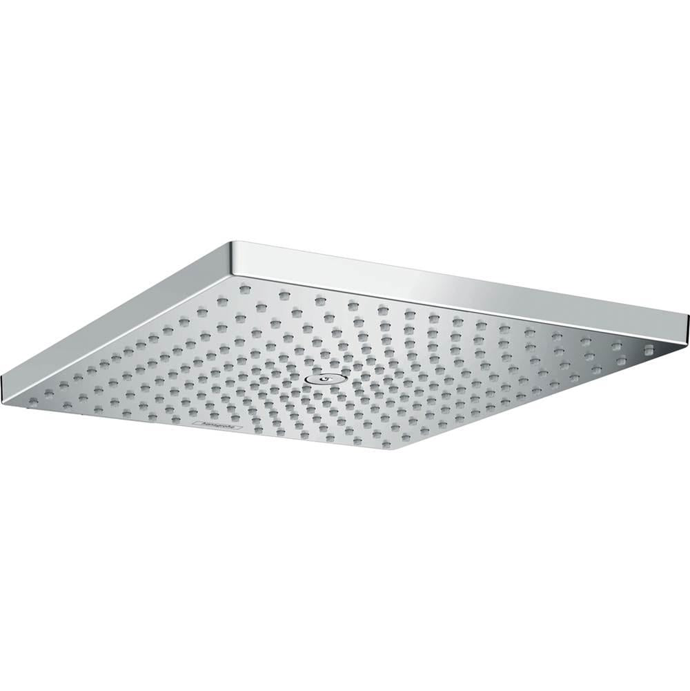 Chrome square rainfall shower head with multiple small circular water jets across the face.