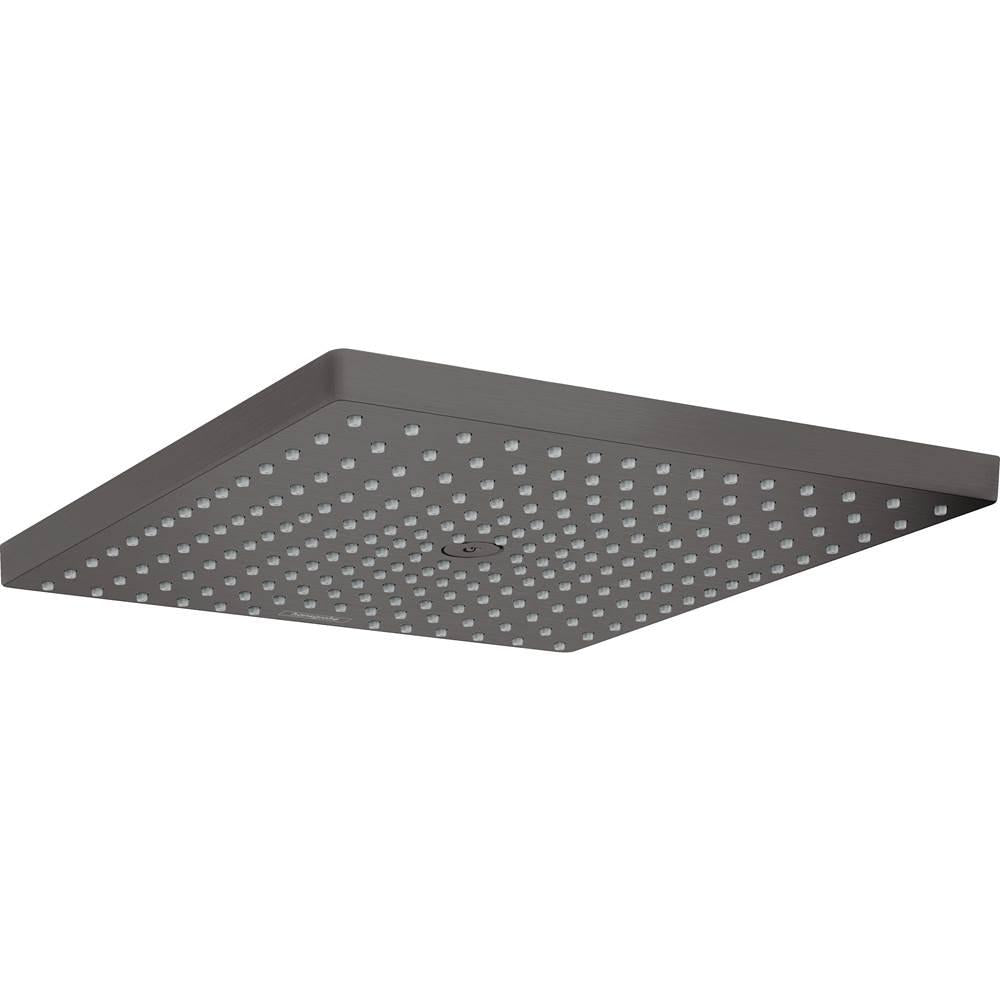 Square brushed black chrome shower head with multiple small spray holes across flat surface.