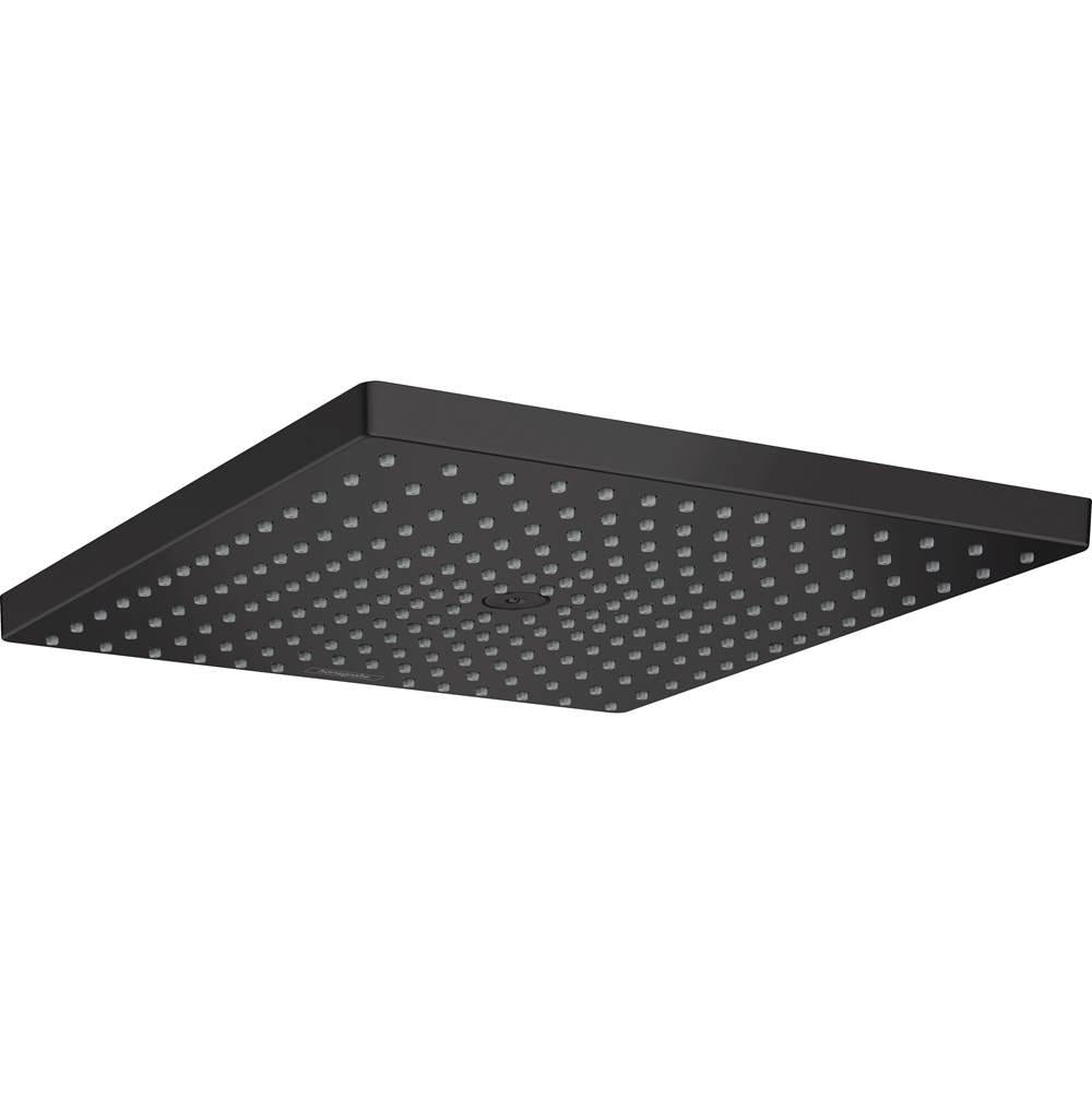 Matte black square shower head with multiple small jets covering the surface.