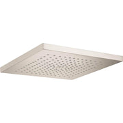 Square brushed nickel shower head with perforated spray pattern surface.