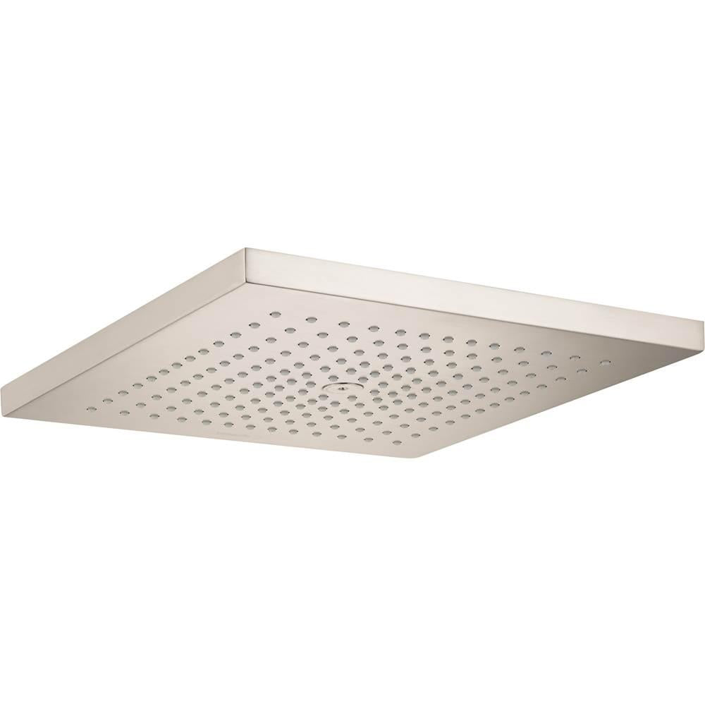 Square brushed nickel shower head with perforated spray pattern surface.