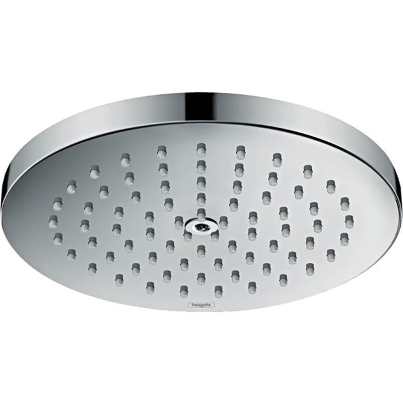Chrome circular shower head with multiple spray nozzles arranged across flat face and curved rim.