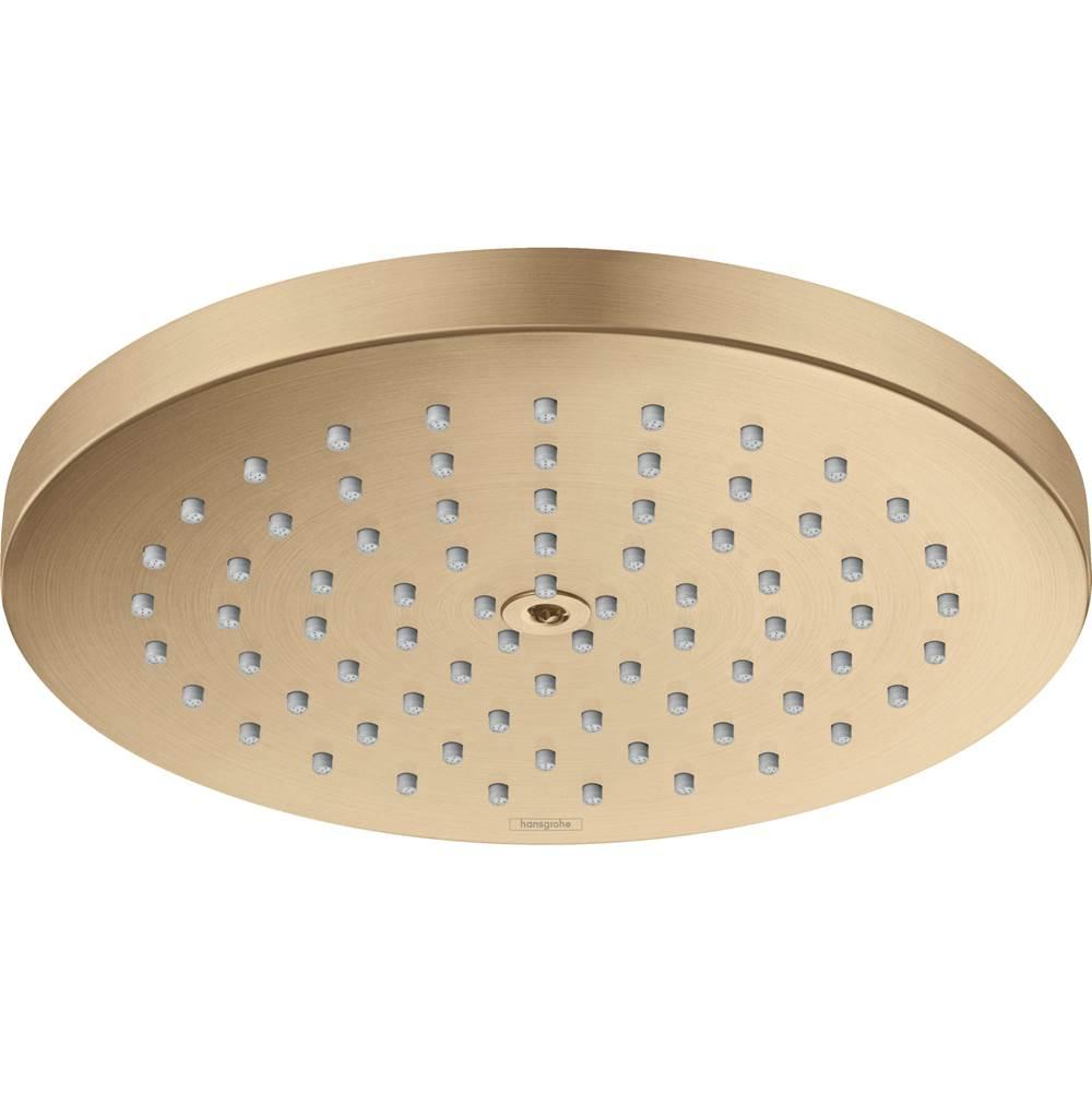 Round brushed bronze shower head with multiple spray holes arranged in a grid pattern across the face.
