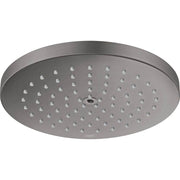 Round brushed black chrome shower head with multiple spray jets arranged in rows across the flat face.