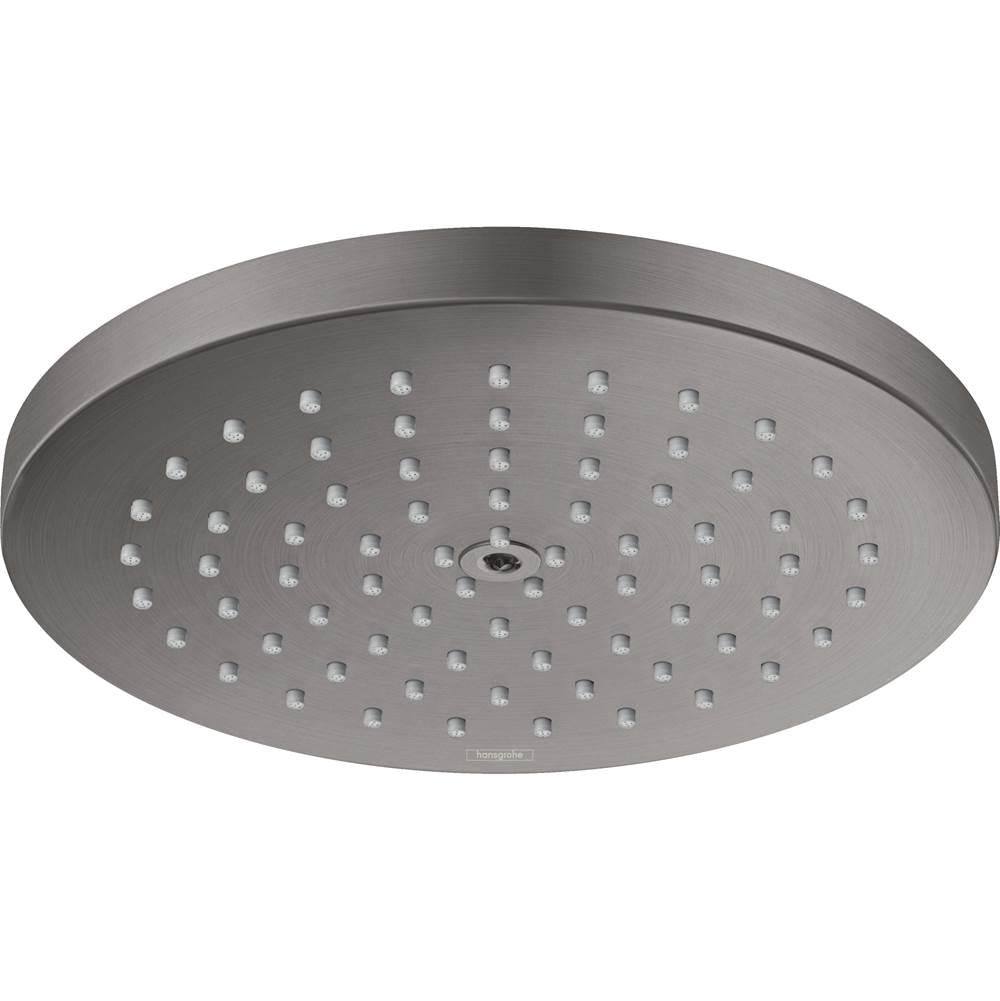 Round brushed black chrome shower head with multiple spray jets arranged in rows across the flat face.