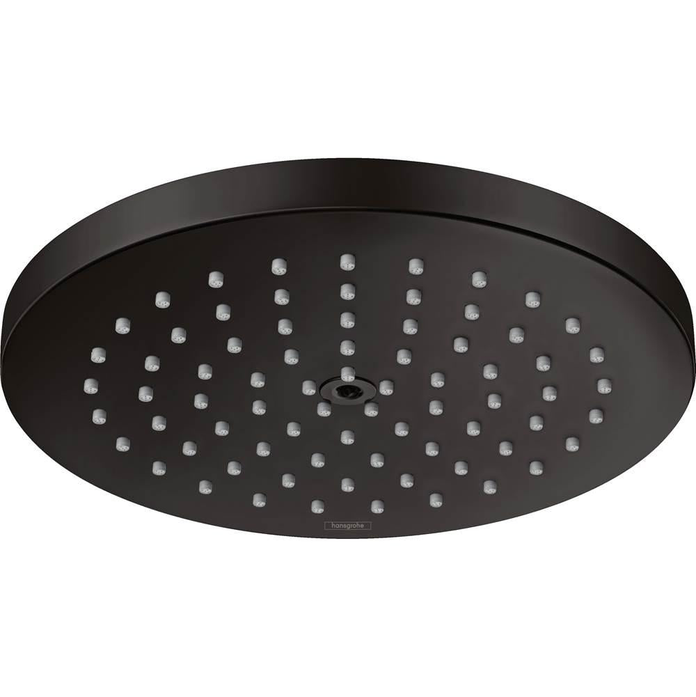 Matte black round shower head with multiple spray jets arranged across the circular face.