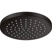 Matte black round shower head with multiple spray jets arranged across the circular face.