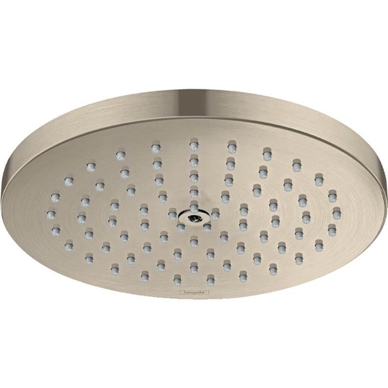 Brushed nickel round shower head with multiple small jets distributed across the face and center adjustment valve.