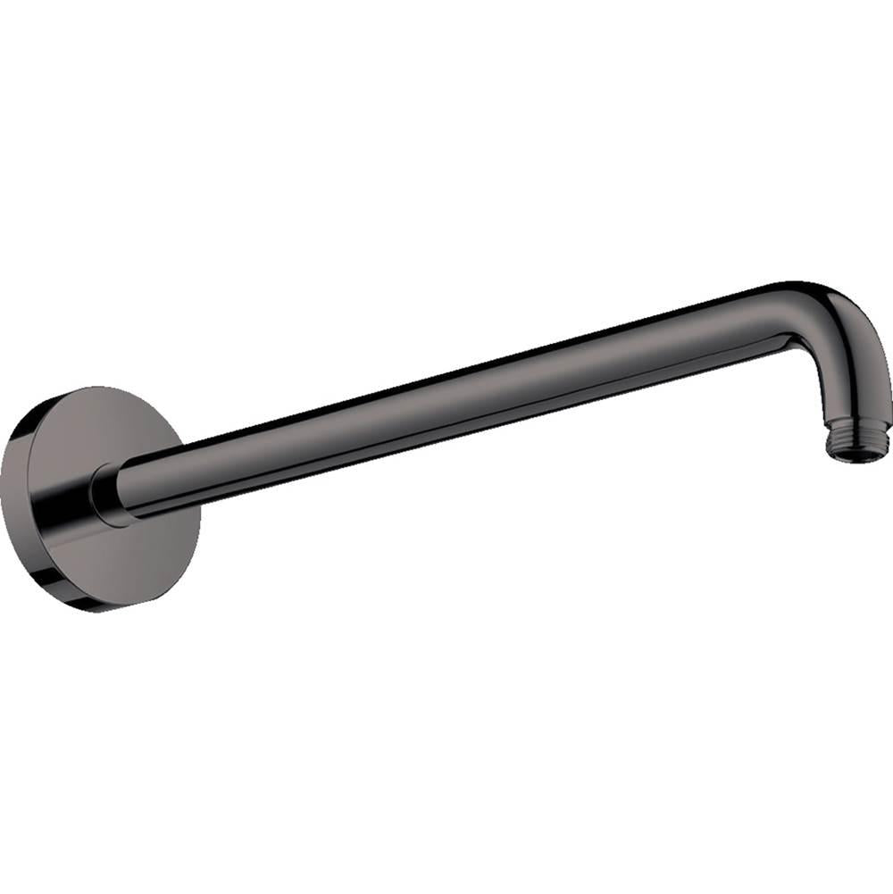 Polished black chrome shower arm with circular wall mount and angled outlet connector.