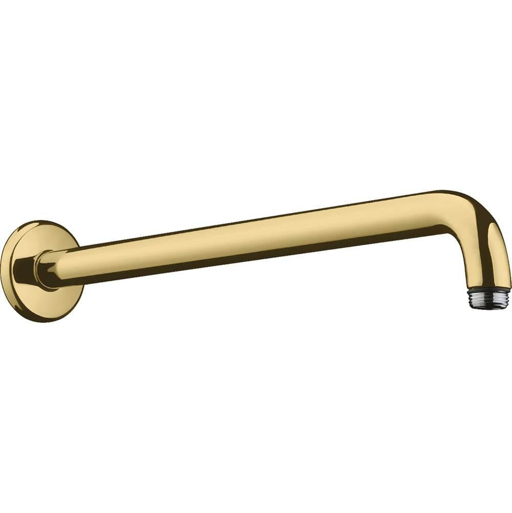 Polished gold shower arm with wall-mounted circular flange and angled connector at end.
