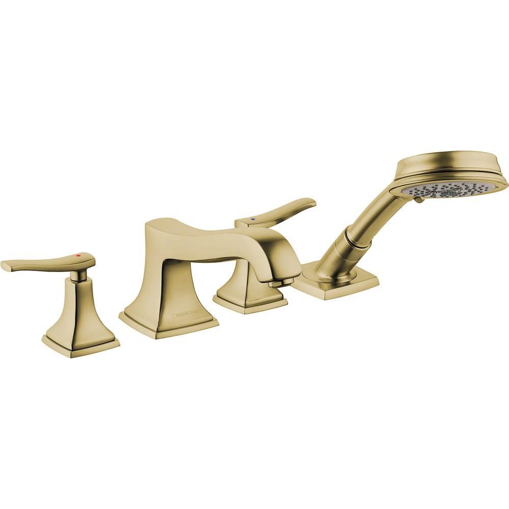 Brushed bronze four-hole Roman tub faucet set with two lever handles, curved spout, and handheld showerhead.