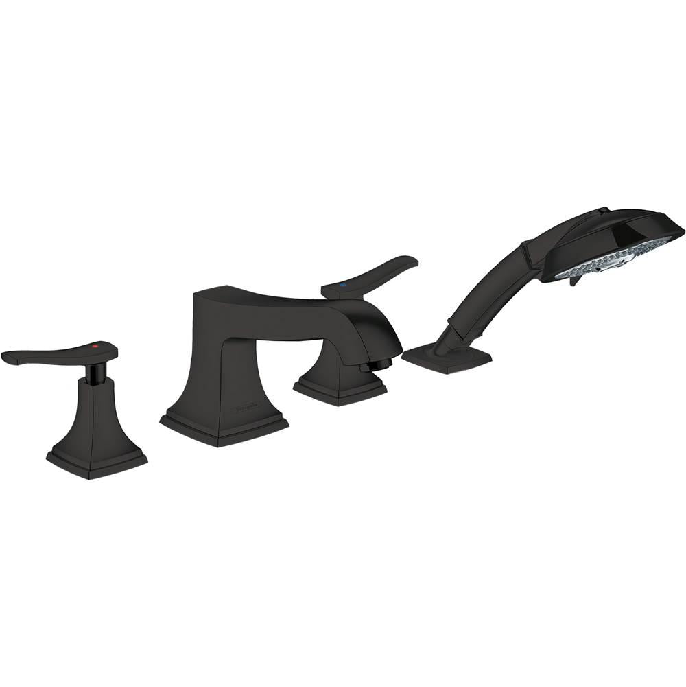 Matte black four-hole Roman tub faucet set with two lever handles and detachable curved handshower.