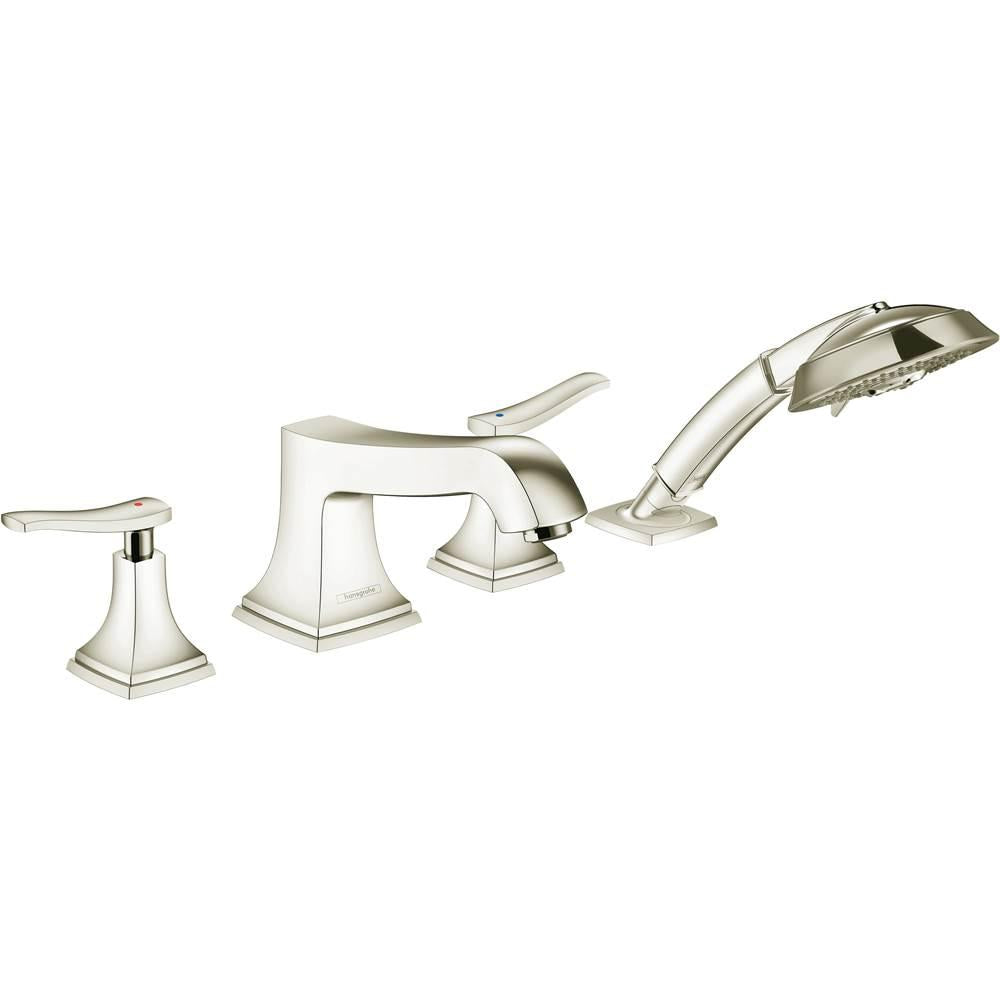 Polished nickel four-hole roman tub faucet with lever handles, spout, and detachable handheld showerhead.