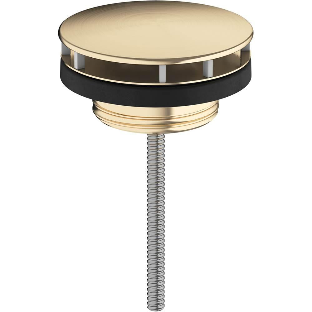 Brushed bronze sink drain with circular cap, black rubber ring, and threaded metal post.