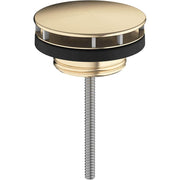 Brushed bronze sink drain with circular cap, black rubber ring, and threaded metal post.