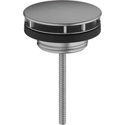 Brushed black chrome sink drain with polished band and threaded metal stem.