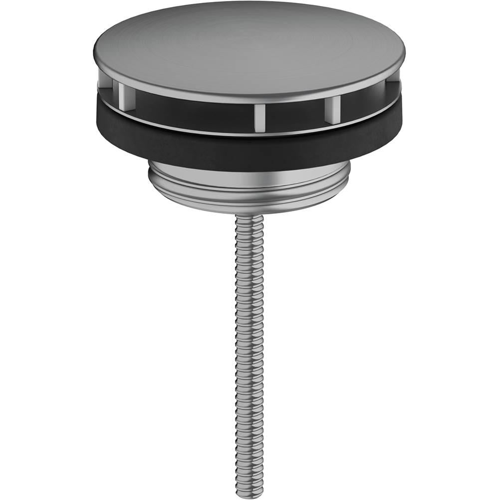 Brushed black chrome sink drain with polished band and threaded metal stem.