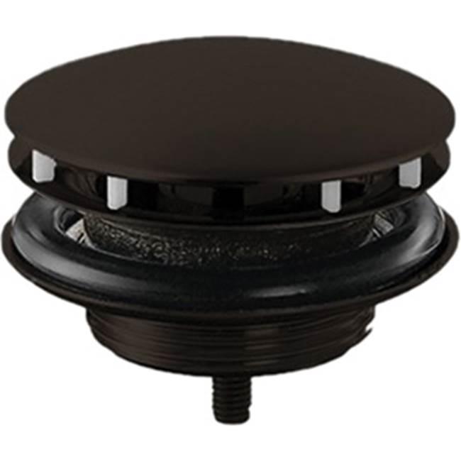 Matte black sink drain with round cap and metal clips, threaded connector base visible.