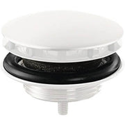 Matte white sink drain with black rubber gasket and threaded base component.