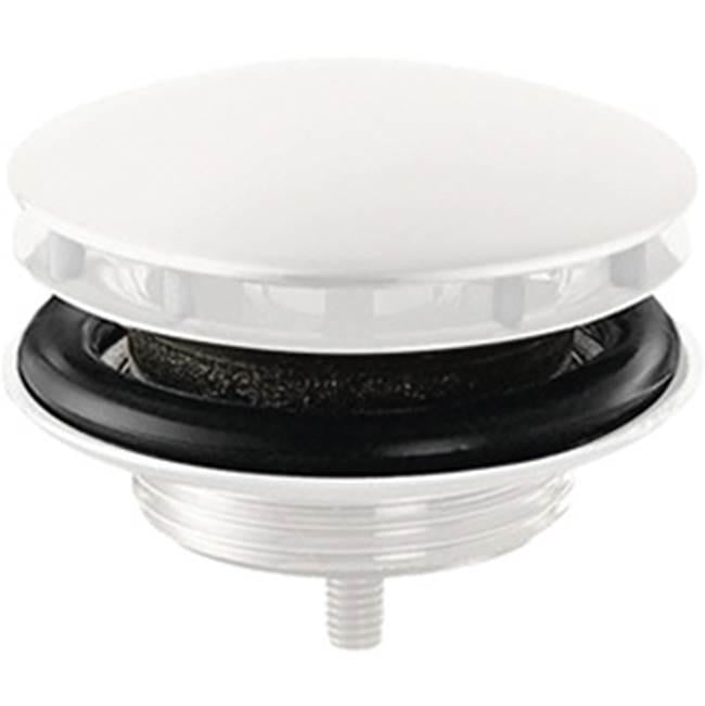 Matte white sink drain with black rubber gasket and threaded base component.