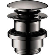 Polished black chrome push-open sink drain with flat cap and cylindrical body shown disassembled in layers.