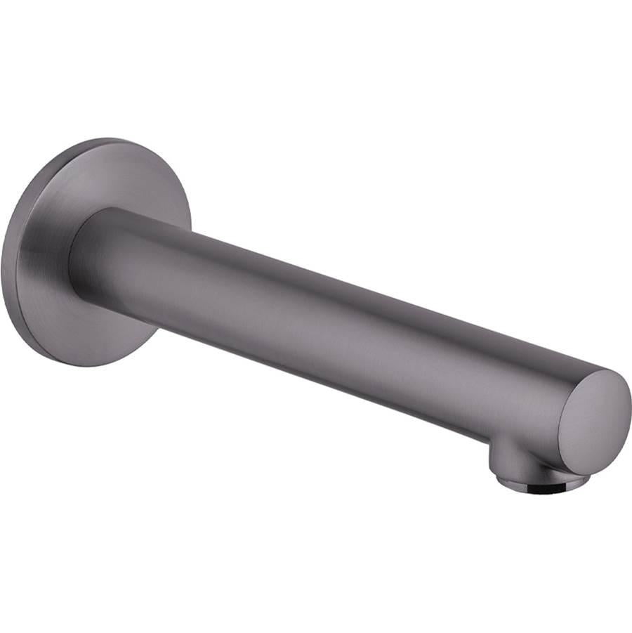 Brushed black chrome cylindrical tub spout with round wall flange and angled outlet.